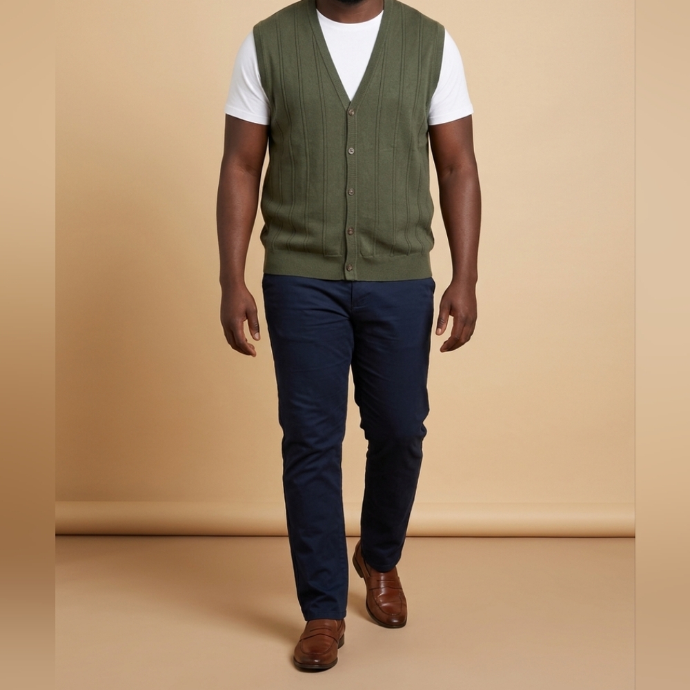 Perry Ellis 100% Cotton Olive Green Men's Button Down Vest